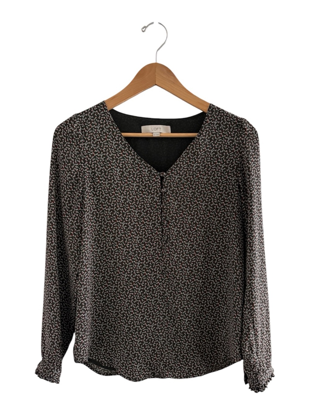 LOFT Green Micro-Print V-Neck Long-Sleeve Blouse
